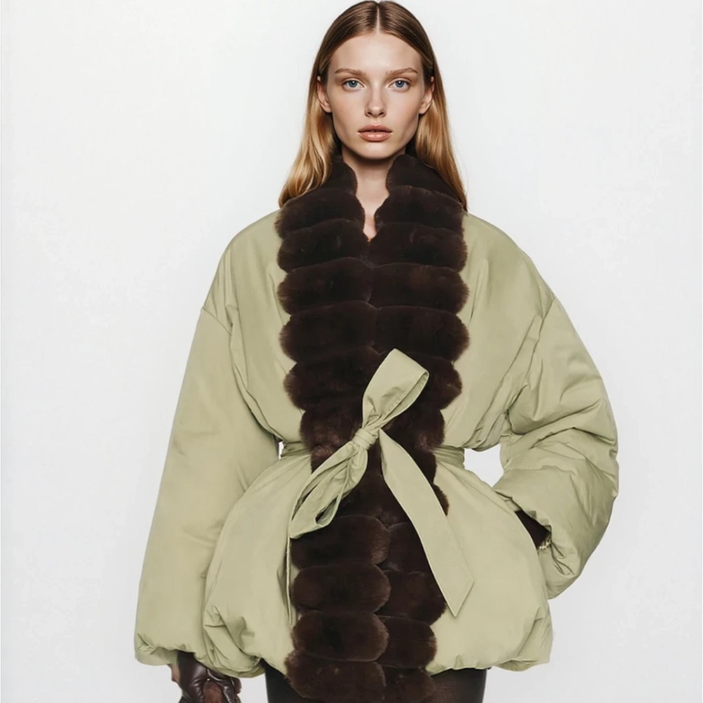Sage Green Quilted Jacket with Brown Faux Fur Trim like helsa - Picture 3 of 8
